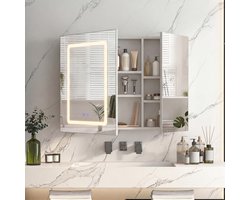 Badkamerkast met Spiegel, LED-Verlichting en Ontwasemingsfunctie, Wandgemonteerde Spiegels Kast met 2 Deuren en Verstelbare Planken, Touchbediening, 70x13.5x60 cm, Wit