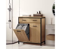 Badkamerkast met Wasmand – Opbergkast met 2 Lades en Dubbele Waszak – Industrieel Design – Bruin - Licht Eiken & Zwart