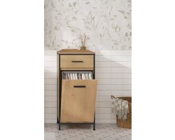 Badkamerkast met Wasmand – Smalle Opbergkast met Lade en Kantelbare Waszak – Industrieel Design – Bruin - Licht Eiken & Zwart