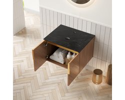 Badkamerkast Met Zwart Sinterstenen Werkblad - Dubbele Deuren voor Badkamer - Wandmontage - Multiplex in Eikenlook - 61x50x40 cm