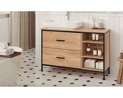 Badkamerkast Onder Wastafel – Opbergkast met 2 Lades en Open Vakken – Industrieel Design – Bruin - Licht Eiken & Zwart – 90 cm