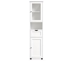 Badkamerkast opbergkast vrijstaande kast dressoir bijzetkast 30 x 40 x 165 cm wit met lade open planken glazen deur en verstelbare planken ruimtebesparende opslag eenvoudig te monteren en te reinigen geschikt voor badkamer woonkamer en hal