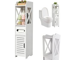 Badkamerkast Smal - Badkamerkastje Hoog - Vrijstaande Kolomkast - 80x15x15,5 cm - PVC - Waterdicht & Vochtbestendig - 3 Lagen - Toiletartikelen - Ruimtebesparende Opbergkast - Voor Smalle Ruimtes