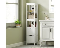 Badkamerkast smal, hoge toiletkast met 2 laden en 3 open vakken, badkamerkast voor kleine kamers badkamer, woonkamer 30 x 30 x 141,2 cm Wit