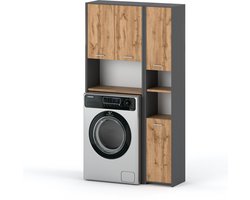 Badkamerkast van grijs eikenhout, Wotan badkamermeubelset boven de wasmachine