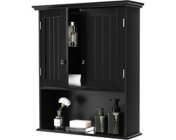 Badkamerkast van hout, wandkast met verstelbaar rek en 2 deuren, hangkast voor badkamer, 60 x 19 x 71 cm, hangende wc-kast, keukenkast (zwart)