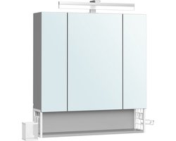 Badkamerkast - Vanity Storage - Spiegelkast - Inbouwstopcontacten - 16,5 x 70 x 75 cm - Wit - Grijs