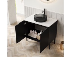 Badkamerkast - Vrijstaand Wastafelmeubel Met Ronde Glazen Waskom En Dubbele Deuren - Voor Badkameropslag - Zwart Wit - 76x48x73,8 Cm