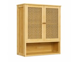 Badkamerkast – Wandkast – badkamermeubel - Opbergkast met Deuren – Rotan Design - Bamboe – 3-Laags – Wandmontage – 59x20,5x66,5 cm