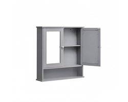 Badkamerkast, wandkast, opbergkast, wandgemonteerde opbergunit met 1 open vak, 2 spiegeldeuren en verstelbare legplank, stevig en duurzaam metalen frame, geschikt voor badkamer, 56 x 13 x 58 cm, Grijs