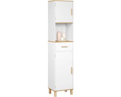 Badkamerkast Wit - Hoge Kast Met 5 Vakken En 1 Lade - Opbergkast Met Verstelbare Planken - Smalle Dressoirkast 40x180x30 Cm
