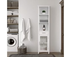Badkamerkasten hoog - Delaney Hoog Staand Houten Kastje - Badkamermeubel Met Lade en 3 Planken - Wit badkamerkasten hoog