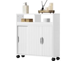 Badkamerkasten hoog - Nis- en zij- badkamerkast - Badkamertrolley - Staande kast - Onderkast met schuifdeuren - Wielen - Hal badkamer - Wit MDF-hout - 695 x 20 x 715 cm badkamerkasten hoog