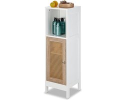 Badkamerkasten hoog - Smalle badkamerkast 3 vakken staand - HxBxD 965 x 30 x 30 cm - Rotan deur - Wit/natuur badkamerkasten hoog