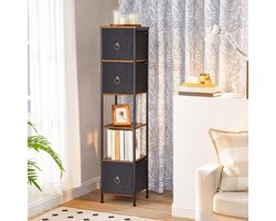Badkamerkasten hoog - Vrijstaand opbergrek voor badkamer - Smalle opbergkast - Multifunctionele hoge kast - 3 stoffen laden - Vintage bruin - Zwart badkamerkasten hoog