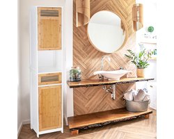 Badkamerkasten hoog wit-bruin hout bamboe 2-deuren 1-lade 180x39x30 cm kolomkast opbergkast badkamerkasten hoog