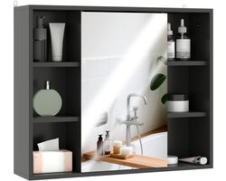 Badkamerkastje met spiegel - kast met deuren en 6 open vakken - 60 x 14.5 x 49.4 cm - zwart