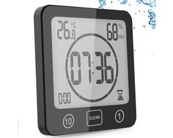 Badkamerklok, digitale douchetimer met zuignap, waterdichte doucheklok met hygrometer en thermometer, aftelfunctie, digitaal LCD-alarm, geschikt voor keuken en badkamer - zwart.