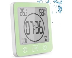 Badkamerklok, digitale douchetimer met zuignap, waterdichte doucheklok met hygrometer en thermometer, aftelfunctie, digitaal LCD-alarm, geschikt voor keuken en cosmetica - groen