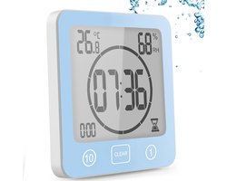 Badkamerklok, digitale douchetimer met zuignap, waterdichte doucheklok met hygrometer en thermometer, aftelfunctie, digitaal LCD-alarm, voor gebruik in keuken en badkamer - blauw.