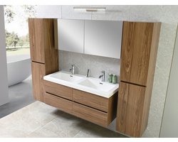 Badkamermeubel 2 persoons 120 cm - Donker hout decor - Complete set - 2 zijkasten - Incl. kranen en pop up drains
