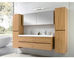 Badkamermeubel 2 persoons 145 cm - Hout decor - Complete set - 2 zijkasten - Incl. kranen en pop up drains