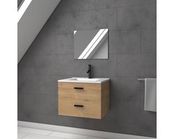 Badkamermeubel 60 cm Hangend 2 laden met houtafwerking met wastafel en spiegel