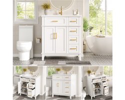 Badkamermeubel - 81×45,5×86,5 cm - Badschrank Met Keramiek Wasbak + Schubladen Met Soft-Close - Veel Opbergruimte, Met Overloopbescherming - Metaal - Groen