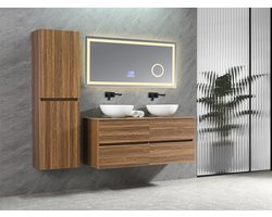 Badkamermeubel B-130 - kleur Donker Bruin Eiken - 2 wit keramische waskommen - Bluetooth LED Spiegel - Kolomkast