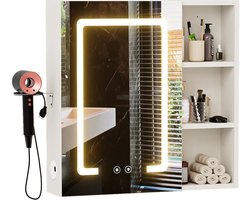 badkamermeubel-Badkamerspiegel met verlichting - Wandspiegelkast - Verstelbare LED-verlichting met touchbediening - Föhnhouder - Houten anti-condens spiegelkast - Badkameropbergkast - Europese standaardstekker - Wit