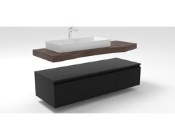 Badkamermeubel / Badmeubel / Wastafelkast Amici - Mat Zwart - 140x50x31.8cm - Incl. Witte Keramische Wastafel - Voorgemonteerd - Greeploos - 2 Lades - MDF