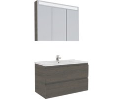 Badkamermeubel / Badmeubel / Wastafelkast Bellino - Houtnerf Grijs - 100x45,5x57cm - Incl. Witte Keramische Wastafel - Voorgemonteerd - Greeploos - 2 Lades - MDF