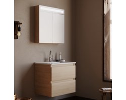 Badkamermeubel / Badmeubel / Wastafelkast Emilia - Licht Eiken 65x45,5x57cm - Incl. Witte Keramische Wastafel - Voorgemonteerd - Greeploos - 2 Lades - MDF