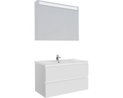 Badkamermeubel / Badmeubel / Wastafelkast Luccine - Wit - 100x45,5x57 cm - Incl. Witte Keramische Wastafel - Voorgemonteerd - Greeploos - 2 Lades - MDF