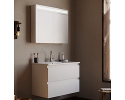 Badkamermeubel / Badmeubel / Wastafelkast Luccine - Wit - 85x45,5x57 cm - Incl. Witte Keramische Wastafel - Voorgemonteerd - Greeploos - 2 Lades - MDF