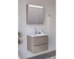 Badkamermeubel / Badmeubel / Wastafelkast Luciano - Taupe - 65x45,5x57cm - Incl. Witte Keramische Wastafel - Voorgemonteerd - Greeploos - 2 Lades - MDF