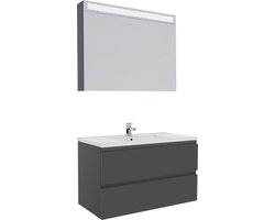 Badkamermeubel / Badmeubel / Wastafelkast Vinero - Mat Zwart - 100x45,5x57cm - Incl. Witte Keramische Wastafel - Voorgemonteerd - Greeploos - 2 Lades- MDF