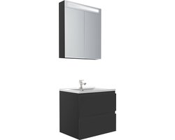 Badkamermeubel / Badmeubel / Wastafelkast Vinero - Mat Zwart - 65x45,5x57cm - Incl. Witte Keramische Wastafel - Voorgemonteerd - Greeploos - 2 Lades- MDF