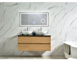 Badkamermeubel D-120 cm - kleur Natuurlijk Eiken - 2 wit keramieke Waskommen - Bluetooth LED Spiegel - Badmeubel - Wastafel