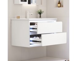 Badkamermeubel - Hangend Badkamermeubel Met LED Sensor - Wastafel Onderkast 76 cm Wit - Met 2 Lades Keramische Wasbak Modern Design
