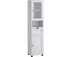 Badkamermeubel, Hoge Kast, Open Vak, Glazen Deur, Smal Badkamermeubel, Badkamermeubel Met Pootjes, Lichtgrijs Met Houtnerf