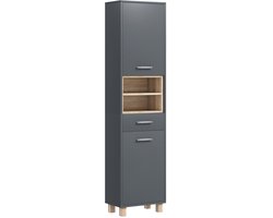 Badkamermeubel – Hoog badkamermeubel met 2 opbergkasten en 1 lade – 2 open vakken – Badkamermeubel met verstelbare planken – Grijs