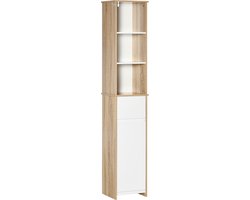 Badkamermeubel Kastje, gezellige stijl, 3 nissen, lade, kast met plank, wit, licht eiken look