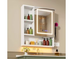 Badkamermeubel - LED-badkamermeubel met anti-condensspiegel en oplaadstation, 2 stopcontacten/2 USB-poorten, föhnhouder, wandkastje, driekleurige, instelbare verlichting, badkamerorganizer, Europese standaardstekker, wit