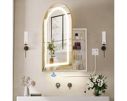 Badkamermeubel - LED-badkamerspiegelkast met oplaadstation, 2 AC/2 USB-poorten, 3 instelbare lichtkleuren, 40 cm sensorlamp, 4-laags houten wandkast, verlicht, geschikt voor badkamers en woningen, Europese standaardstekker, wit