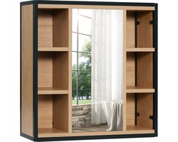 Badkamermeubel met Spiegel - Wandmontage - Verstelbare Planken en 6 Open Vakken - Houten Kast - Kolomkast - Badkamerkast - Douche Opbergrek - 60x16x58cm