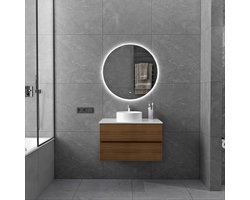 Badkamermeubel met Waskom Eiken 80 CM en Ronde LED Badkamerspiegel 80 CM - Complete Badkamermeubel - Vestland