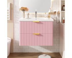 Badkamermeubel met Wastafel 60.5x47.5x47 cm – Badkamerkast met Keramische Wastafel met Opbergruimte – Modern Design – Roze + Wit