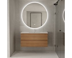 Badkamermeubel met wastafel Eiken 100 CM en Ronde LED Badkamerspiegel 100 CM - Complete Badkamermeubelset - Vestland