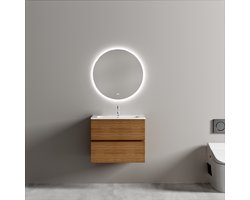 Badkamermeubel met wastafel Eiken 60 CM en Ronde LED Badkamerspiegel 60 CM - Complete Badkamermeubelset - Vestland